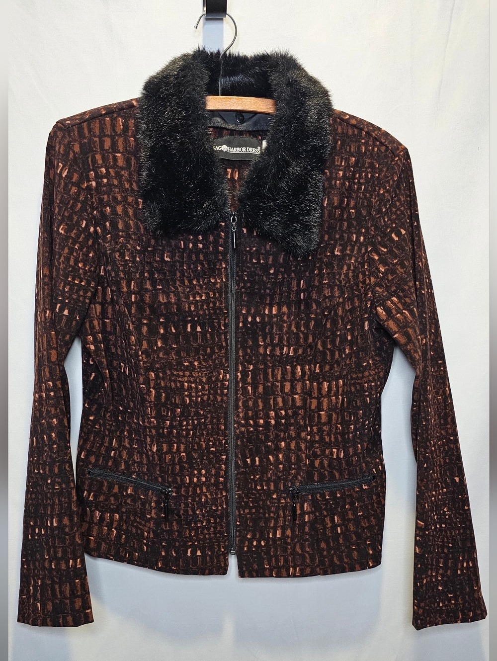 Crocodile Print Faux Fur Collar Zip Up Fitted Jacket Coat